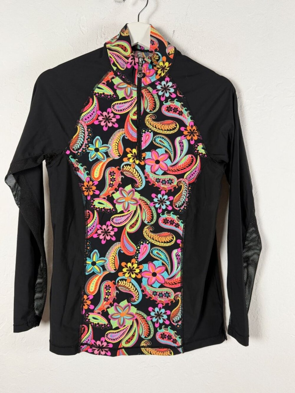 SanSoleil Long Sleeve Cooling Sun Shirt Neon Paisley Floral 1/4 Zip Mesh Small